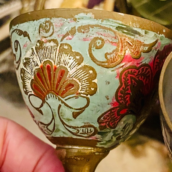 Vintage Estate Two Ornate 4” Etched Brass Mini Goblet Stemmed Toasting Glasses‼️ - Picture 5 of 8